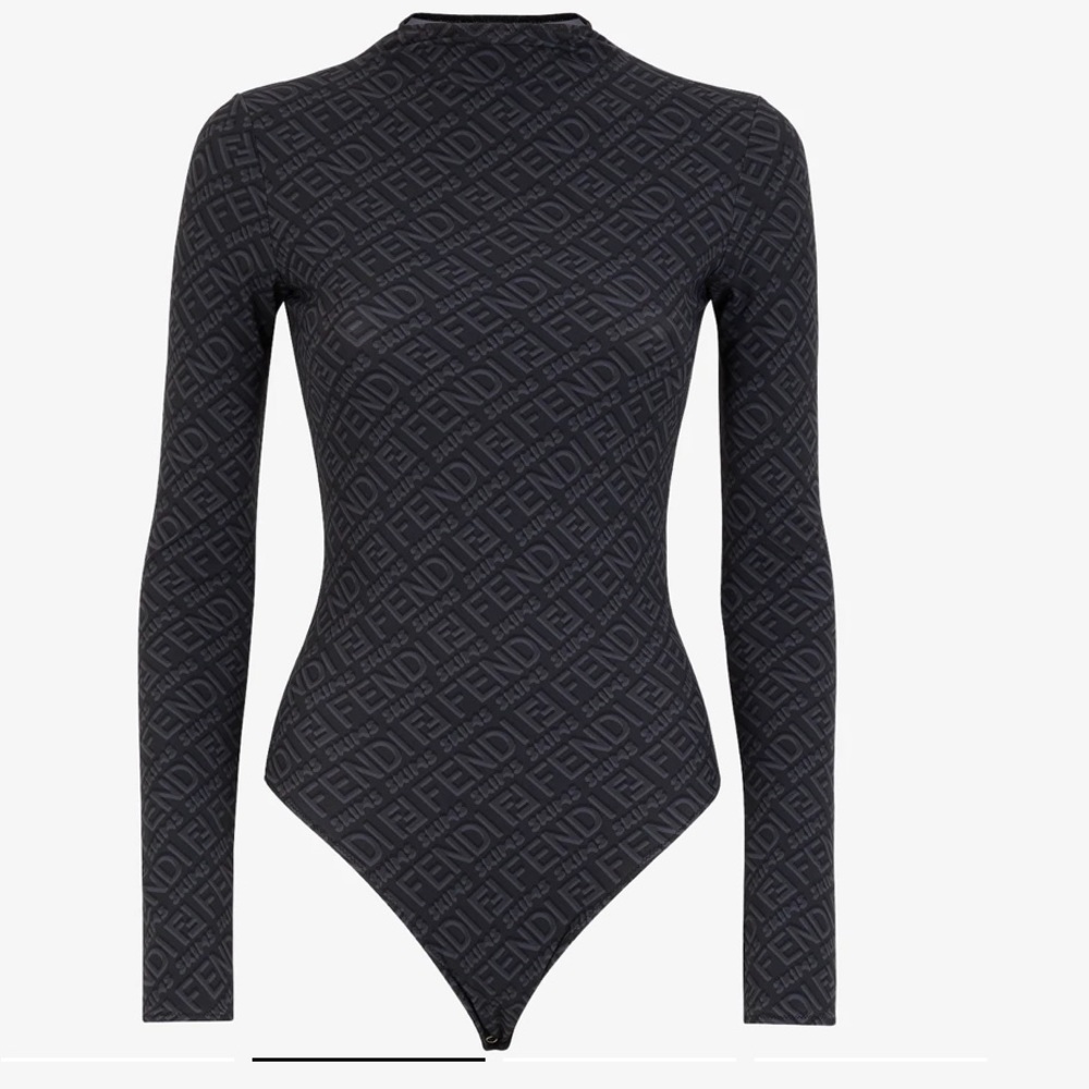 Skims x Fendi Monogram Long-Sleeve Bodysuit in Black - Picture 3 of 5